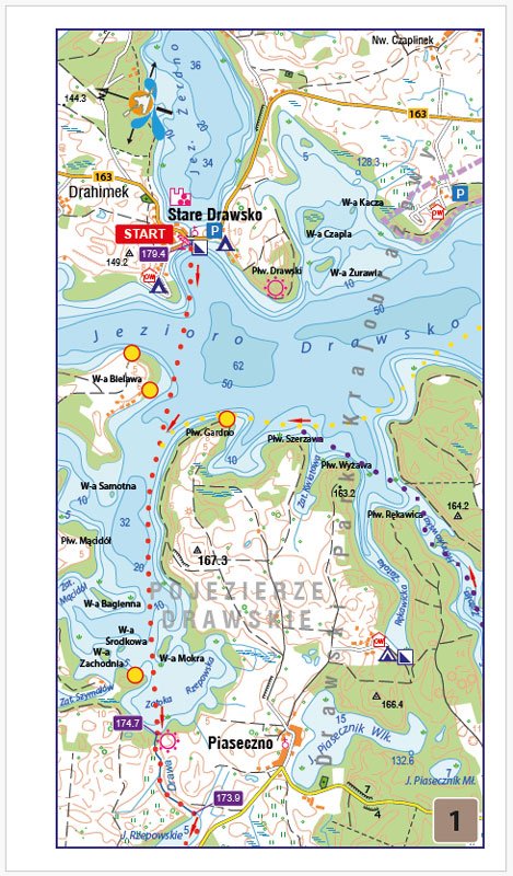 Szczegółowa mapka etapu spływu kajakowego rzeką Drawą - fragment przewodnika
