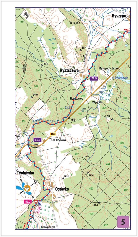 Szczegółowa mapka etapu spływu kajakowego rzeką Parsętą - fragment przewodnika