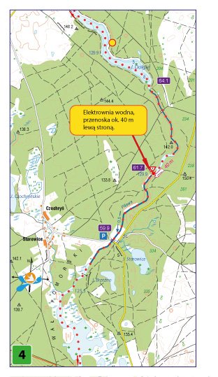 Szczegółowa mapka etapu spływu kajakowego rzeką Piławą -fragment przewodnika